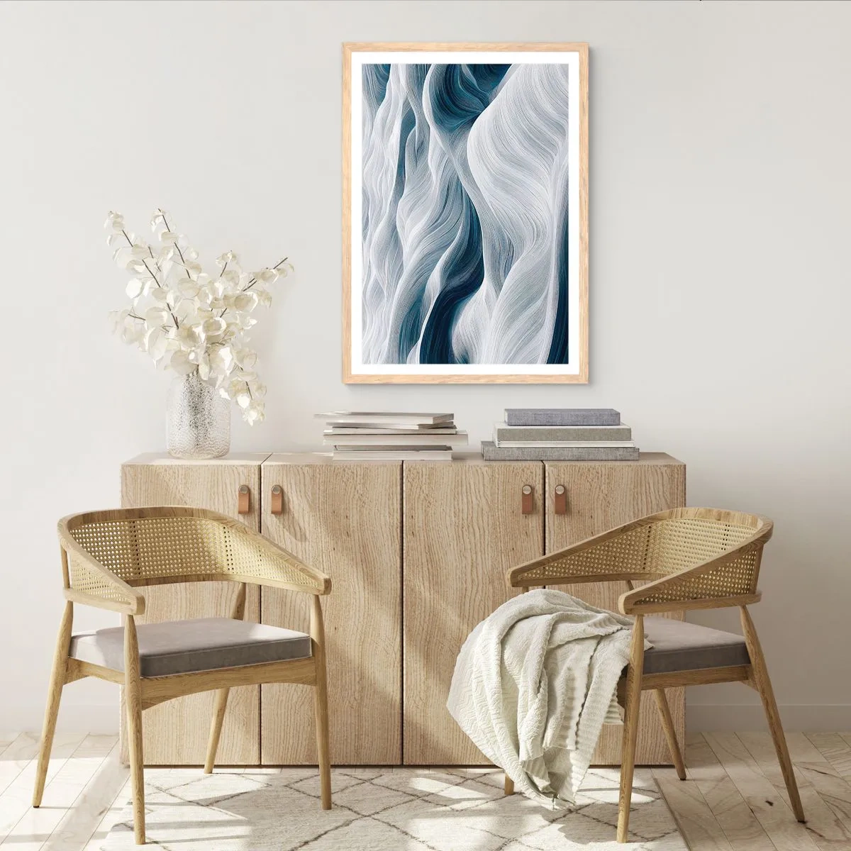 Affiche dans un chêne clair - Poster - Vagues blanches et bleues - 50x70 cm