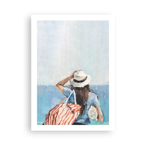 Affiche - Poster - Une femme avec un chapeau regardant la mer - 50x70cm - Bienvenue à vos vacances - Décoration murale moderne pour le salon et la chambre ARTTOR