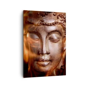 Impression sur toile - Image sur toile - Une statue de Bouddha au milieu de flammes aux teintes dorées - 50x70cm - Il n'existe qu'ici et maintenant - Décoration murale moderne pour le salon et la chambre ARTTOR