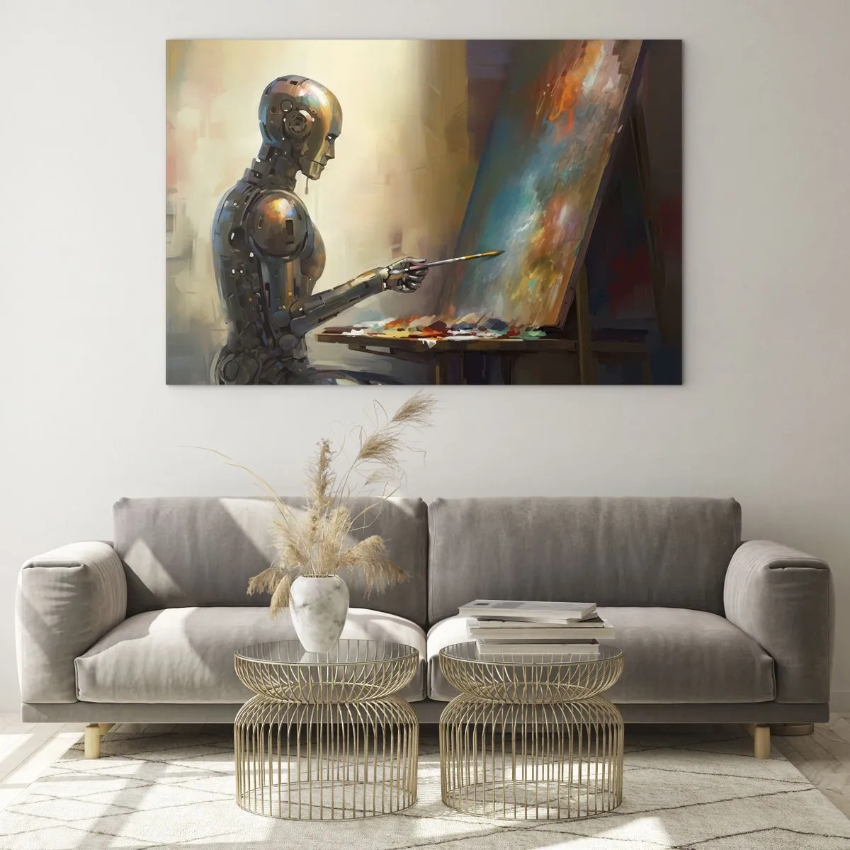 Impression sur verre - Image sur verre - Un robot peignant un tableau sur un chevalet - 120x80cm - L'art du futur - Décoration murale moderne pour le salon et la chambre ARTTOR