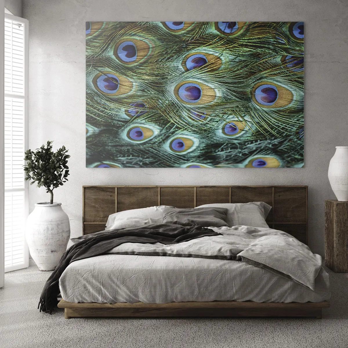 Impression sur verre - Image sur verre - Détail des plumes de paon avec des yeux distincts - 70x50cm - Un regard de paon - Décoration murale moderne pour le salon et la chambre ARTTOR