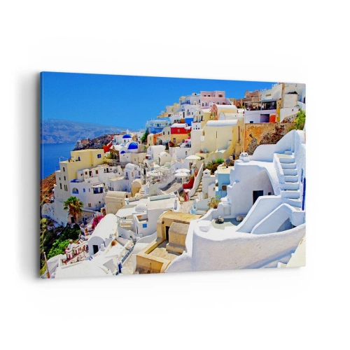 Impression sur toile - Image sur toile - Panorama de Santorin avec des maisons blanches et un ciel bleu - 120x80cm - Le rêve d'un été grec - Décoration murale moderne pour le salon et la chambre ARTTOR