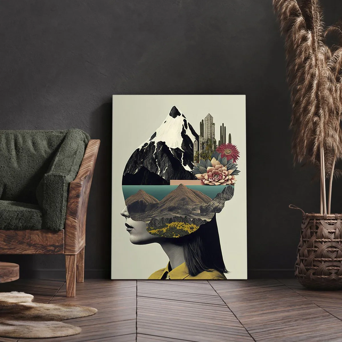 Impression sur toile - Image sur toile - Collage d'une femme avec un paysage de montagne et des fleurs - 50x70cm - La femme – toujours un mystère - Décoration murale moderne pour le salon et la chambre ARTTOR