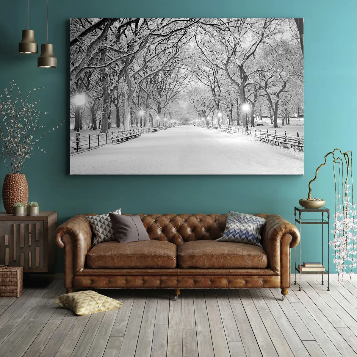 Impression sur toile - Image sur toile - Une allée d'hiver avec des arbres enneigés en monochrome - 120x80cm - Les quatres saisons – l’hiver - Décoration murale moderne pour le salon et la chambre ARTTOR