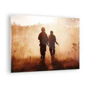 Impression sur verre - Image sur verre - Deux soldats en action sur fond de soleil couchant - 70x50cm - Call of Duty - Décoration murale moderne pour le salon et la chambre ARTTOR