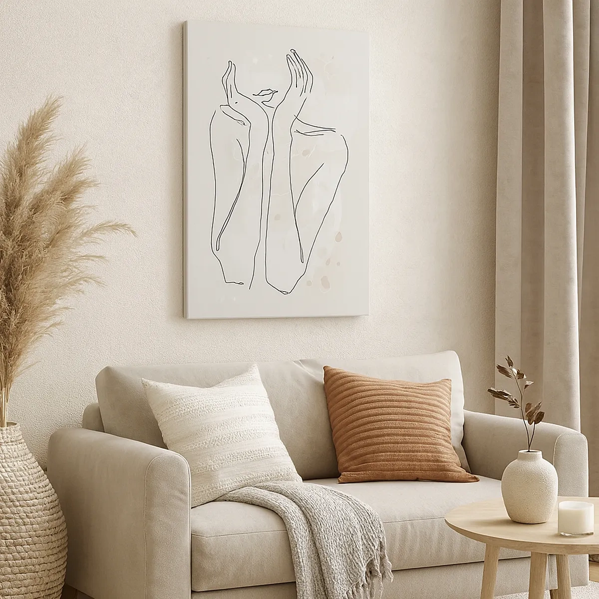 Impression sur toile - Image sur toile - Ligne de contour montrant les mains d'une femme sur un fond clair - 50x70cm - Instant de rêve - Décoration murale moderne pour le salon et la chambre ARTTOR