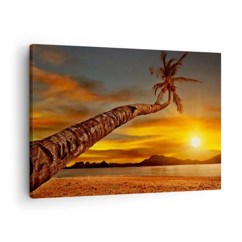 Impression sur toile - Image sur toile - Palmier sur la plage au coucher du soleil avec vue sur la mer - 70x50cm - Vacances exotiques, aventure caribéenne - Décoration murale moderne pour le salon et la chambre ARTTOR