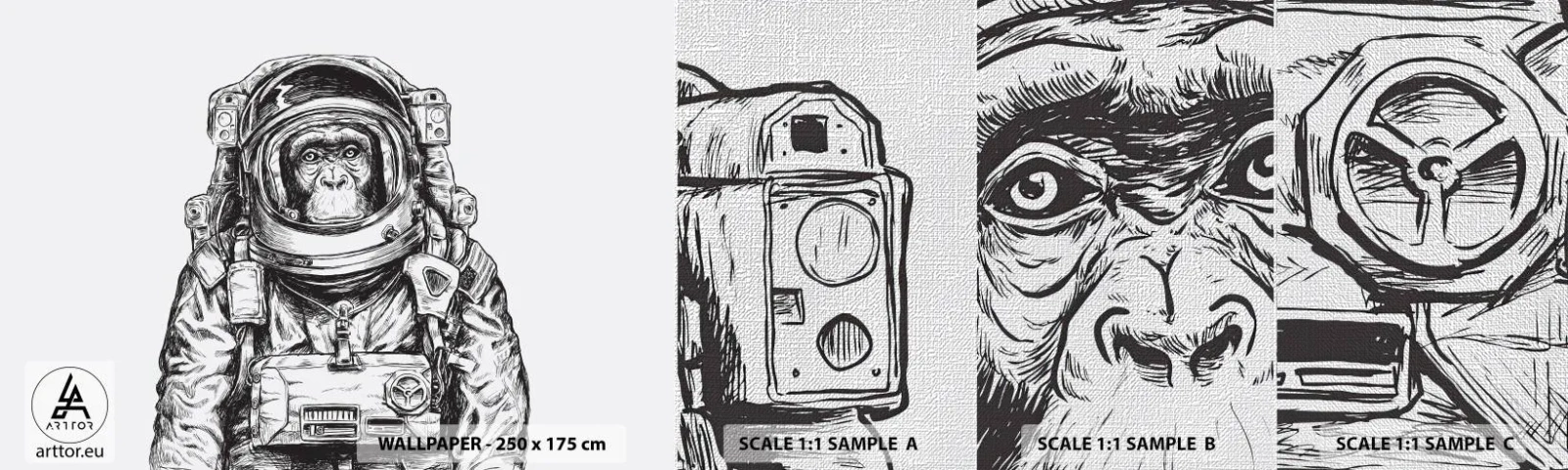 Échantillon de Papier Peint Premium Canvas - Évolution alternative - Abstraction, Astronaute, Singe - 100x30 cm
