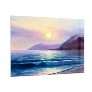 Impression sur verre - Image sur verre - Un coucher de soleil pittoresque sur la mer calme et les montagnes - 100x70cm - Cristal d'eau et d'air - Décoration murale moderne pour le salon et la chambre ARTTOR