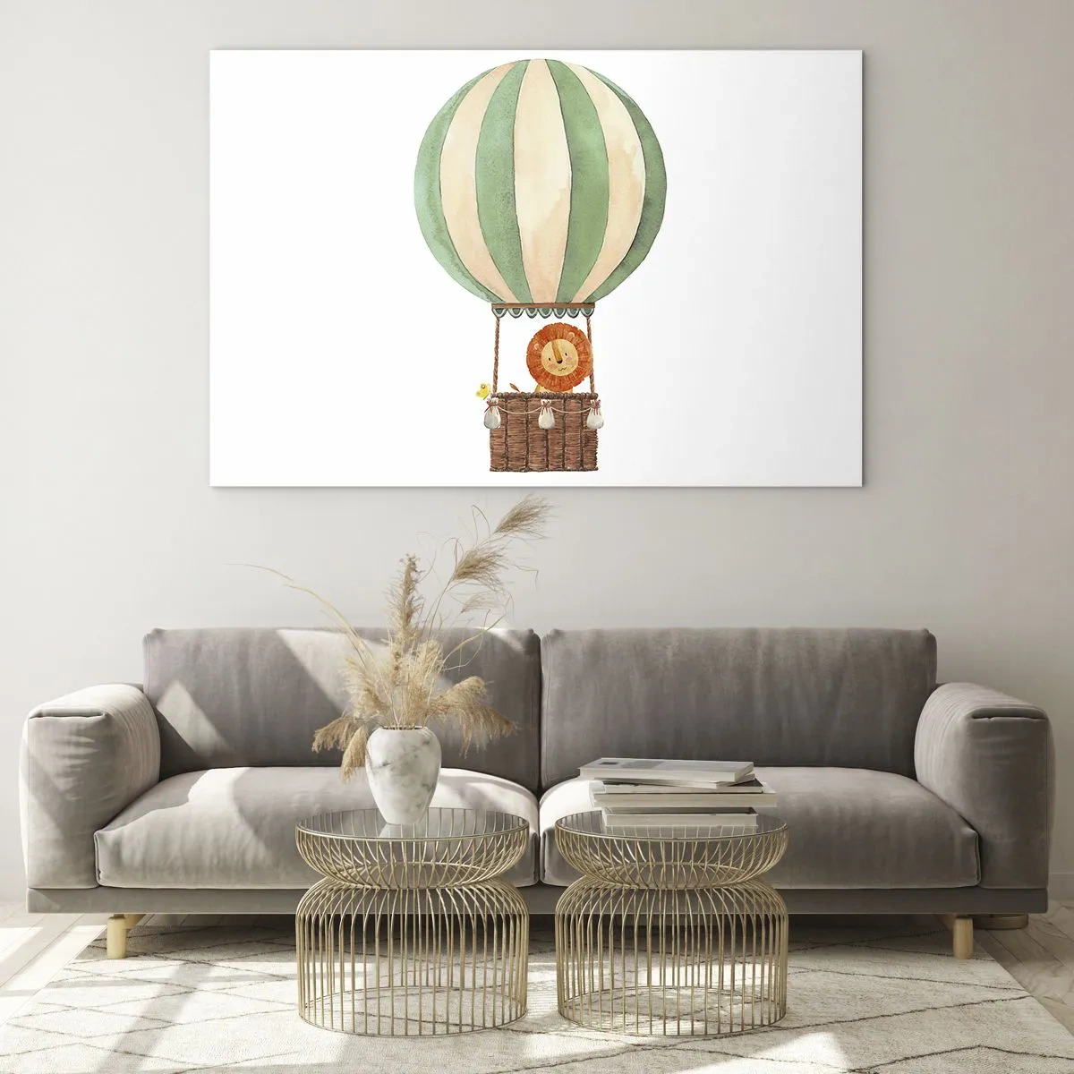 Impression sur verre - Image sur verre - Un lion dans un panier de ballons flottant sur un fond blanc - 70x50cm - Les voyages de Léon - Décoration murale moderne pour le salon et la chambre ARTTOR