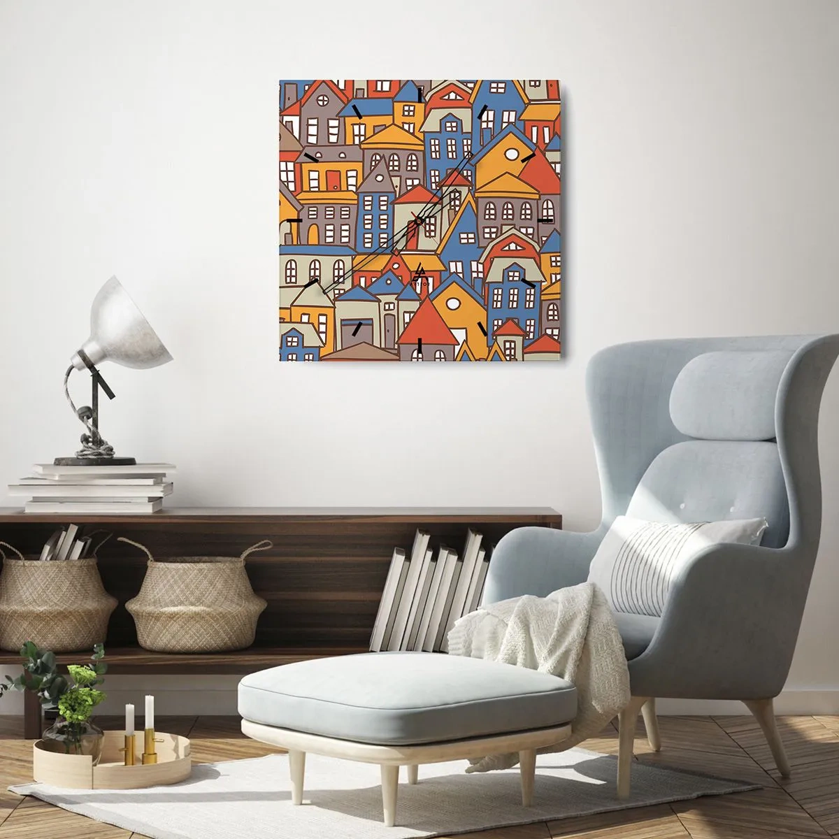Horloge murale - Pendule murale - Maisons colorées dans un style graphique sur fond clair - 30x30cm - Derrière la maison, une maison - Décoration murale moderne pour le salon et la chambre ARTTOR