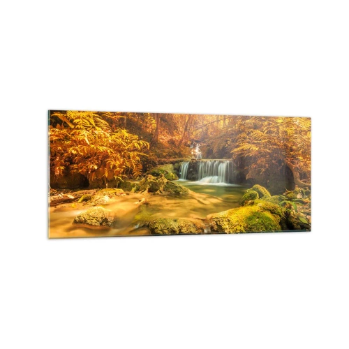 Impression sur verre - Image sur verre - Une cascade dorée dans une forêt d'automne entourée de verdure - 120x50cm - Cascade de forêt en or - Décoration murale moderne pour le salon et la chambre ARTTOR