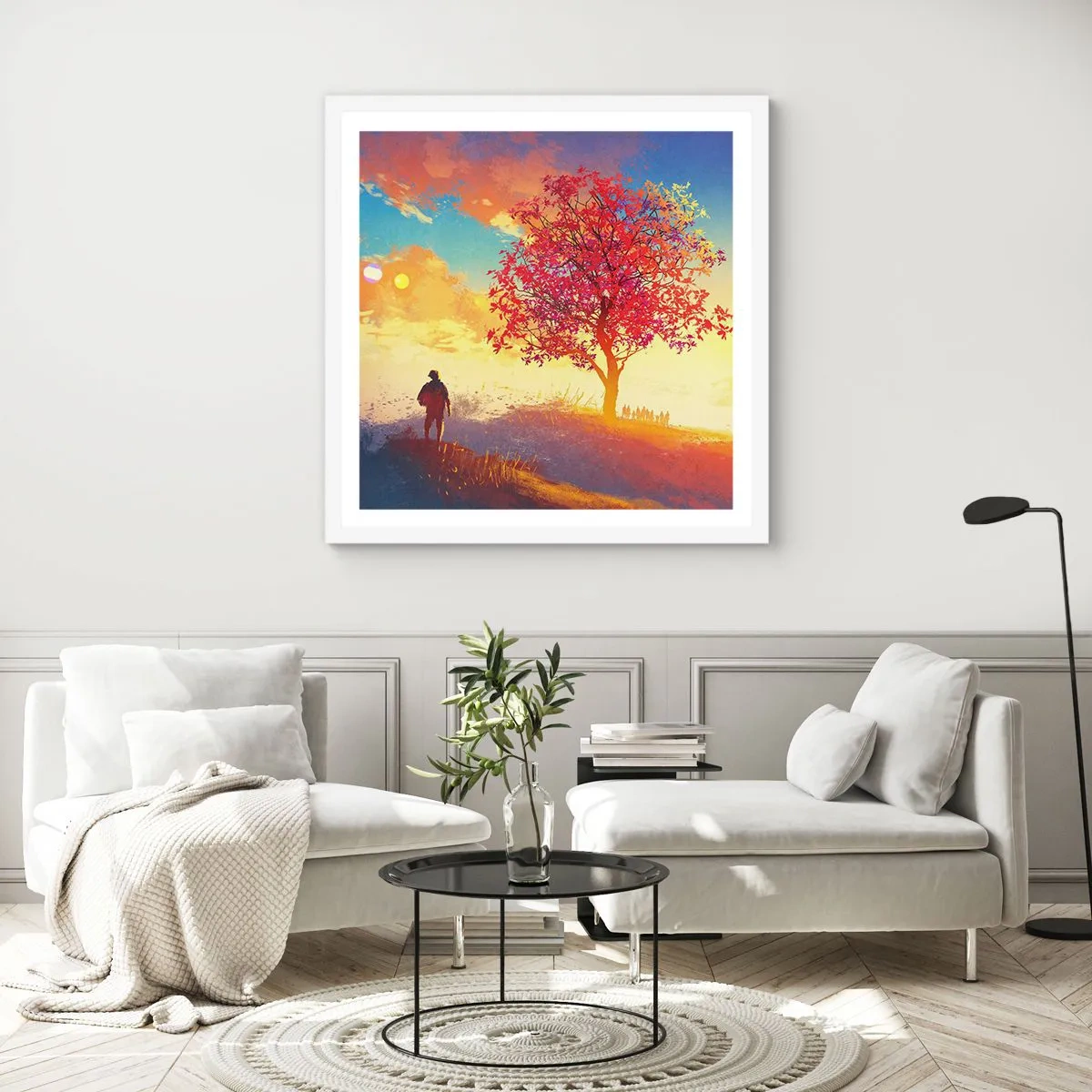 Affiche dans un cadre blanc - Poster - Pèlerin à destination - 60x60 cm