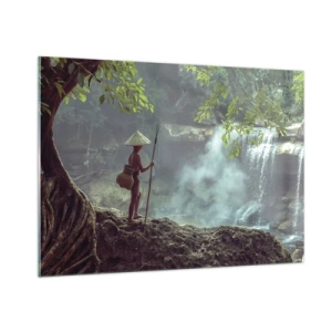 Impression sur verre - Image sur verre - Un garçon avec une lance près d'une cascade dans la forêt tropicale - 100x70cm - Lier d'amitié avec la nature - Décoration murale moderne pour le salon et la chambre ARTTOR