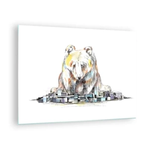 Impression sur verre - Image sur verre - Un ours regardant la ville dans une composition artistique - 70x50cm - Comment peut-on vivre ainsi ? - Décoration murale moderne pour le salon et la chambre ARTTOR