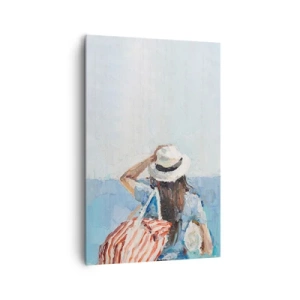 Impression sur toile - Image sur toile - Une femme avec un chapeau contre la mer bleue - 80x120cm - Bienvenue à vos vacances - Décoration murale moderne pour le salon et la chambre ARTTOR