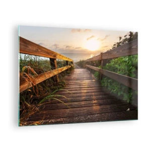 Impression sur verre - Image sur verre - Passerelle en bois menant à la plage au coucher du soleil - 70x50cm - Tout droit vers le rivage - Décoration murale moderne pour le salon et la chambre ARTTOR