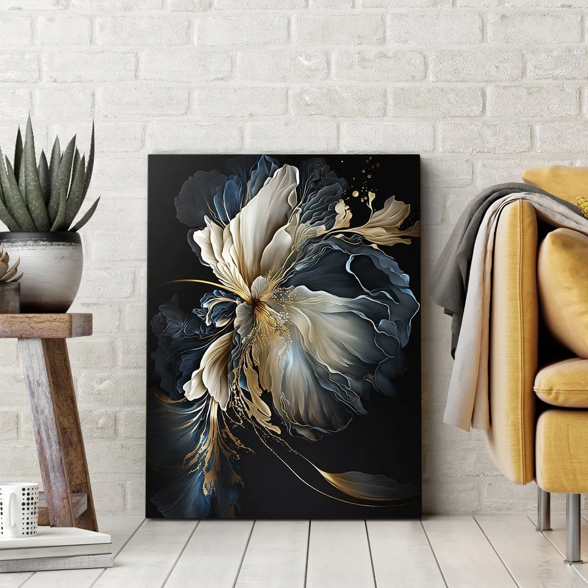 Impression sur toile - Image sur toile - Une fleur dans les tons or et bleu marine sur fond noir - 50x70cm - Fleur de fougère de conte de fées - Décoration murale moderne pour le salon et la chambre ARTTOR