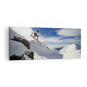 Impression sur toile - Image sur toile - Un snowboardeur saute d'une falaise avec des montagnes enneigées en arrière-plan. - 120x50cm - Liberté sans limite - Décoration murale moderne pour le salon et la chambre ARTTOR