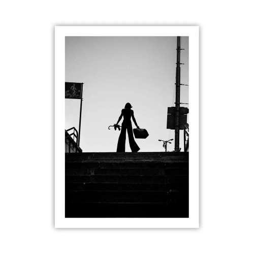 Affiche - Poster - Silhouette d'une femme avec une valise sur fond de soleil couchant - 50x70cm - Pèlerinage urbain - Décoration murale moderne pour le salon et la chambre ARTTOR