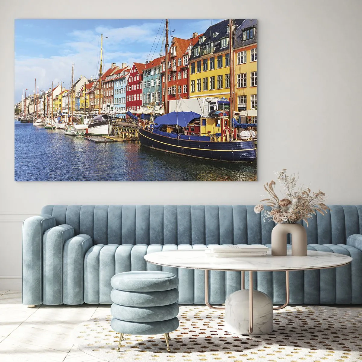 Impression sur verre - Image sur verre - Maisons colorées au bord des canaux de Copenhague - 100x70cm - Quai joyeux - Décoration murale moderne pour le salon et la chambre ARTTOR
