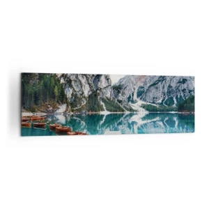 Impression sur toile - Image sur toile - Un lac avec des bateaux entouré de montagnes - 160x50cm - On va te montrer la beauté - Décoration murale moderne pour le salon et la chambre ARTTOR