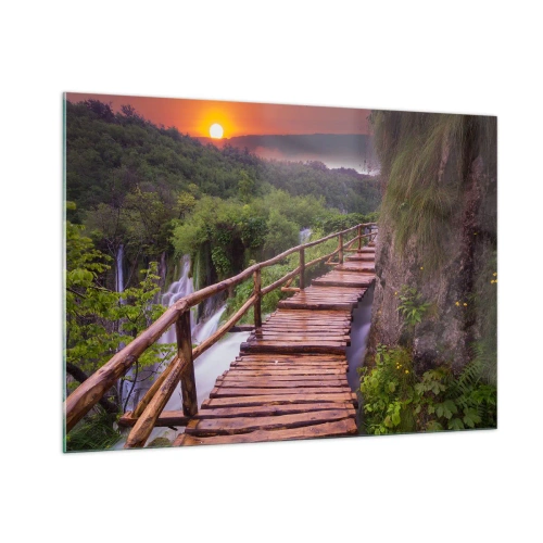 Impression sur verre - Image sur verre - Un chemin en bois parmi la verdure au coucher du soleil - 100x70cm - La beauté au-delà de la croyance - Décoration murale moderne pour le salon et la chambre ARTTOR