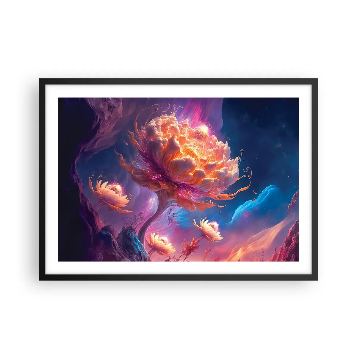 Affiche dans un cadre noir - Poster - Fleurs fantastiques dans un paysage cosmique - 70x50cm - Un autre monde - Décoration murale moderne pour le salon et la chambre ARTTOR