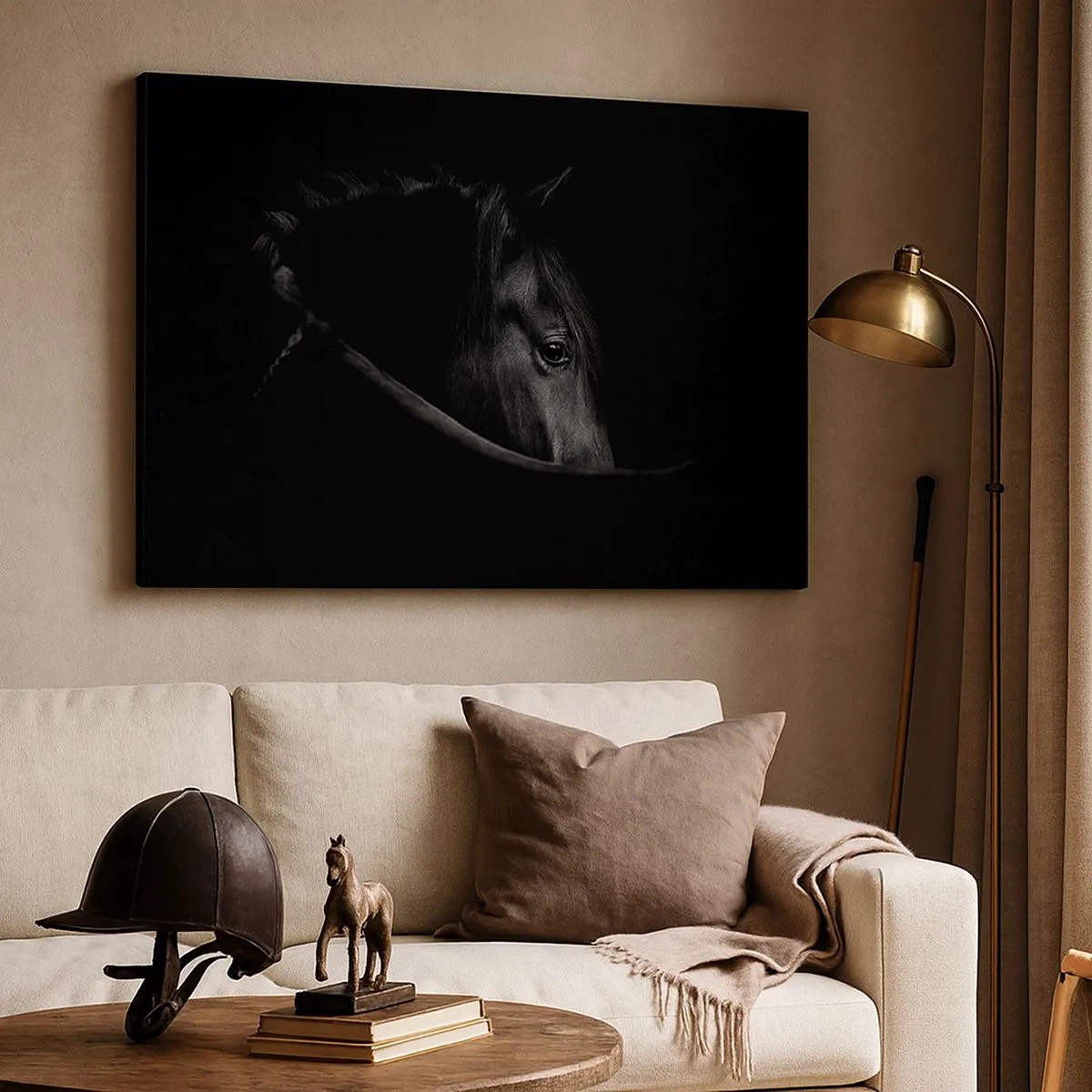 Impression sur toile - Image sur toile - Portrait en noir et blanc d'un cheval avec un jeu subtil de lumière et d'ombre sur un fond sombre. - 70x50cm - Prince Noir - Décoration murale moderne pour le salon et la chambre ARTTOR