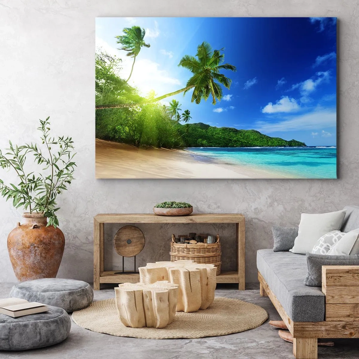 Impression sur toile - Image sur toile - Plage tropicale avec palmiers et mer turquoise - 100x70cm - La douceur des tropiques - Décoration murale moderne pour le salon et la chambre ARTTOR
