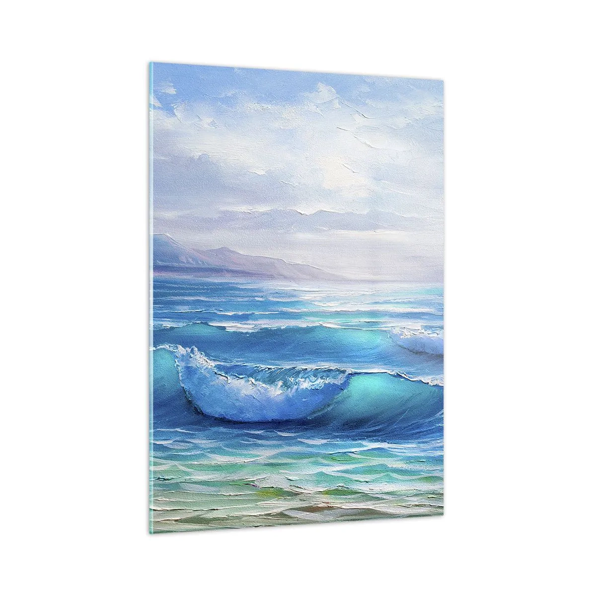 Impression sur verre - Image sur verre - Les vagues bleues de la mer lèchent le rivage par une journée ensoleillée - 50x70cm - Il apporte un soulagement - Décoration murale moderne pour le salon et la chambre ARTTOR