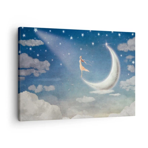 Impression sur toile - Image sur toile - Une femme dans la lune entourée d'étoiles et de nuages - 70x50cm - Valise bleue - Décoration murale moderne pour le salon et la chambre ARTTOR
