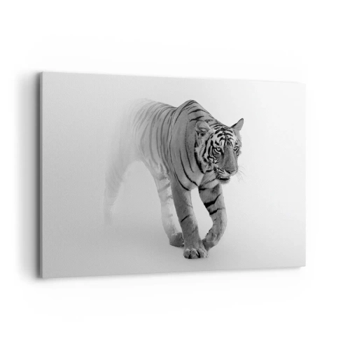 Impression sur toile - Image sur toile - Un tigre émergeant du brouillard - 100x70cm - Accroupi dans le brouillard - Décoration murale moderne pour le salon et la chambre ARTTOR