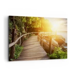Impression sur toile - Image sur toile - Un pont en bois au milieu de la verdure menant à la mer sous les rayons du soleil - 120x80cm - Un autre tour, un autre miracle - Décoration murale moderne pour le salon et la chambre ARTTOR