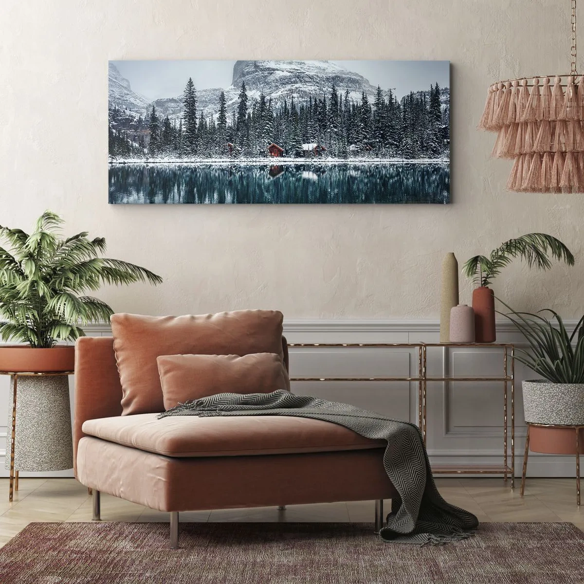 Impression sur toile - Image sur toile - Paysage d'hiver avec des chalets dans la forêt au bord d'un lac gelé - 140x50cm - Retraite canadienne - Décoration murale moderne pour le salon et la chambre ARTTOR