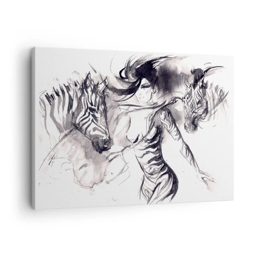Impression sur toile - Image sur toile - Une femme dans une danse dynamique avec des zèbres dans une esthétique noir et blanc - 70x50cm - Danse avec les zèbres - Décoration murale moderne pour le salon et la chambre ARTTOR