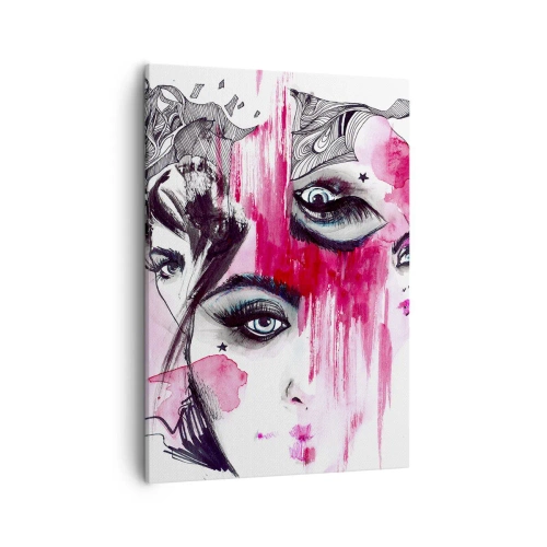 Impression sur toile - Image sur toile - Visage abstrait dans les tons de rose et de noir - 50x70cm - Yeux abstraits - Décoration murale moderne pour le salon et la chambre ARTTOR