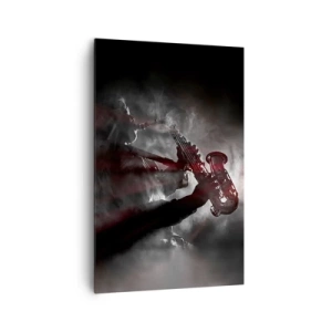 Impression sur toile - Image sur toile - Saxophoniste en fumée sur scène en noir et rouge atmosphérique - 80x120cm - Dans les brumes du jazz - Décoration murale moderne pour le salon et la chambre ARTTOR
