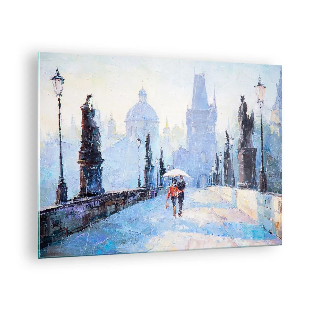 Impression sur verre - Image sur verre - Marcher avec un parapluie sur un pont historique un jour de pluie - 70x50cm - La pluie a dû nous charmer - Décoration murale moderne pour le salon et la chambre ARTTOR