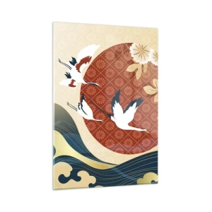 Impression sur verre - Image sur verre - Grues japonaises au-dessus des vagues sur un cercle rouge - 50x70cm - Conte japonnais - Décoration murale moderne pour le salon et la chambre ARTTOR