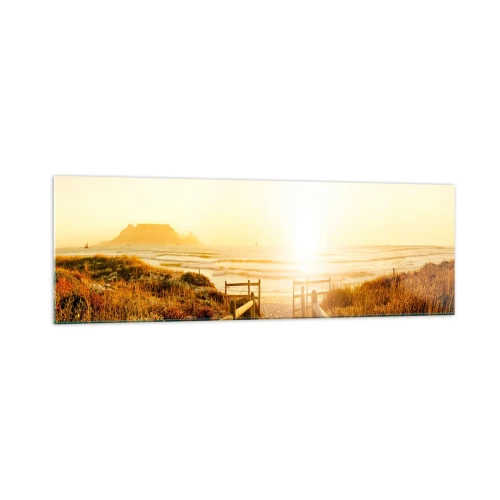 Impression sur verre - Image sur verre - Chemin vers la plage pendant un coucher de soleil doré - 160x50cm - A travers la dune, vers le soleil - Décoration murale moderne pour le salon et la chambre ARTTOR