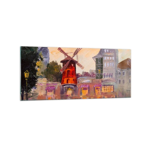 Impression sur verre - Image sur verre - Le moulin à vent rouge du Moulin Rouge entouré par le paysage urbain - 120x50cm - Icones parisiennes – le Moulin rouge - Décoration murale moderne pour le salon et la chambre ARTTOR