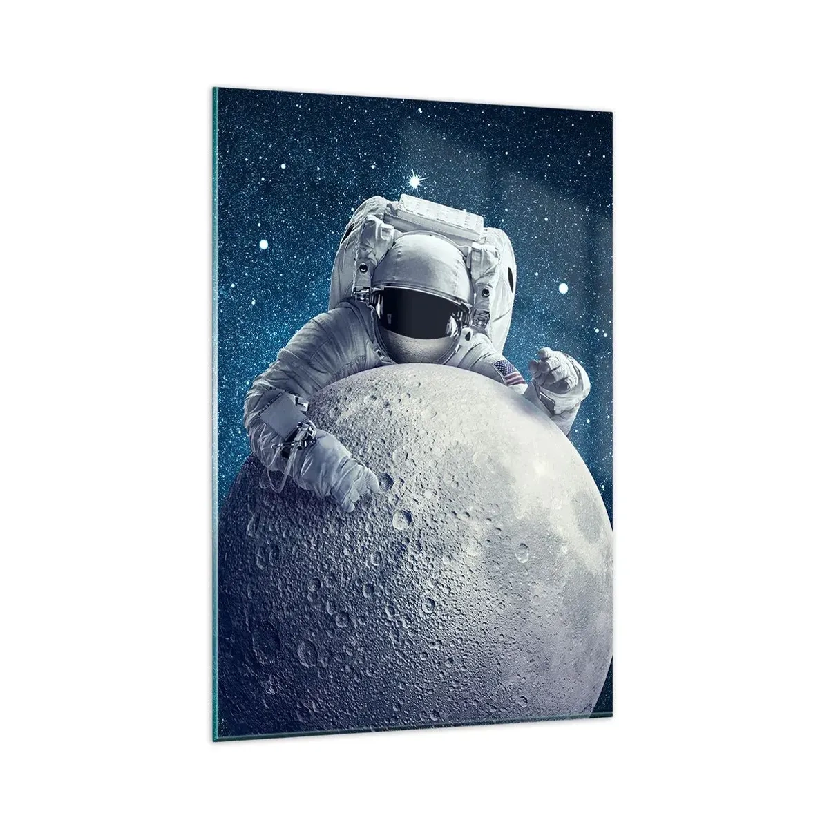 Impression sur verre - Image sur verre - Astronaute tenant la lune dans un ciel étoilé - 80x120cm - Comique de l'espace - Décoration murale moderne pour le salon et la chambre ARTTOR