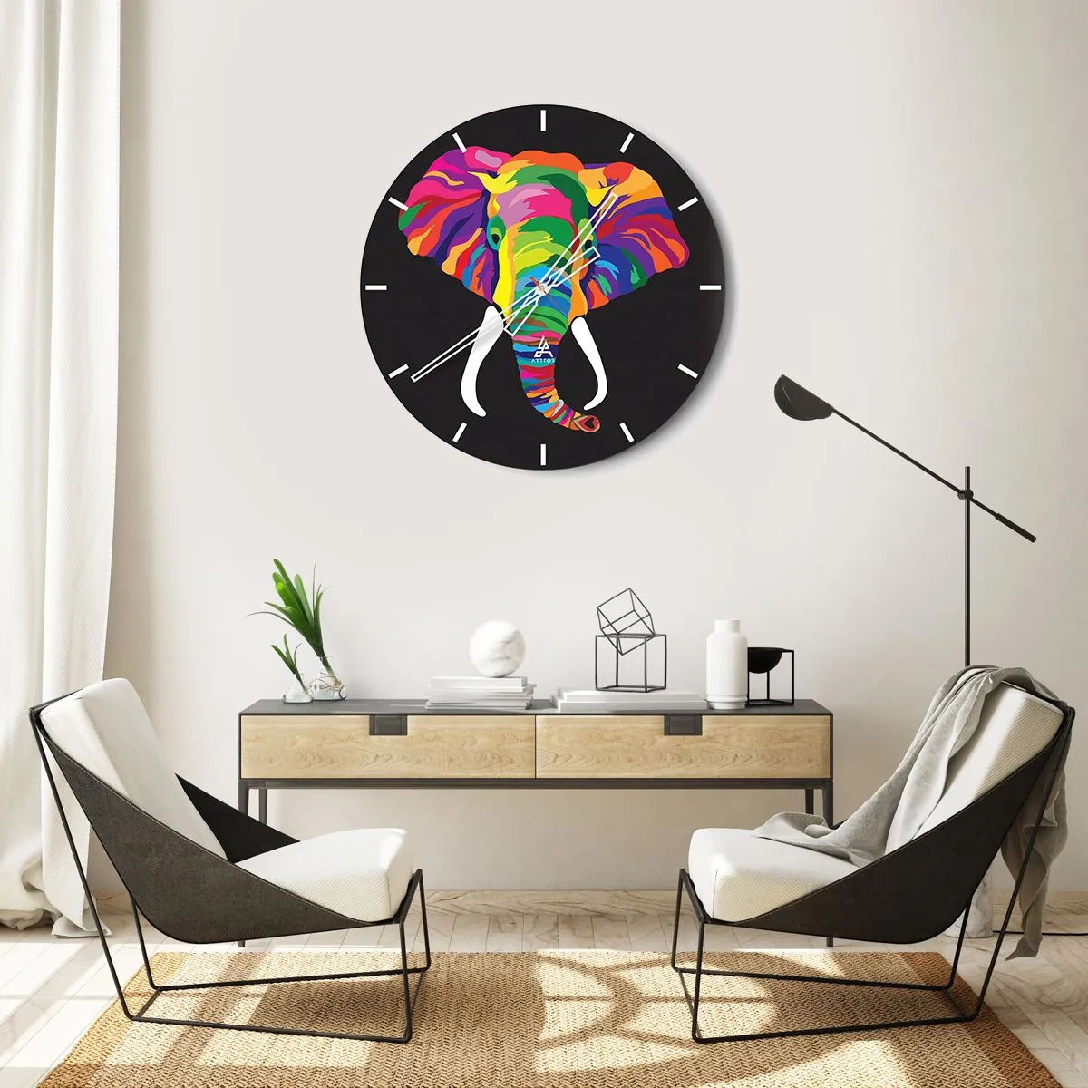 Horloge murale - Pendule murale - Éléphant coloré sur fond noir - 30x30cm - L'éléphant qui aimait se baigner dans un arc-en-ciel - Décoration murale moderne pour le salon, la cuisine et la chambre ARTTOR