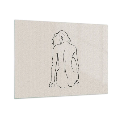 Impression sur verre - Image sur verre - Un croquis délicat d'une femme assise, dessiné en noir sur un fond clair. - 70x50cm - Femme nue - Décoration murale moderne pour le salon et la chambre ARTTOR
