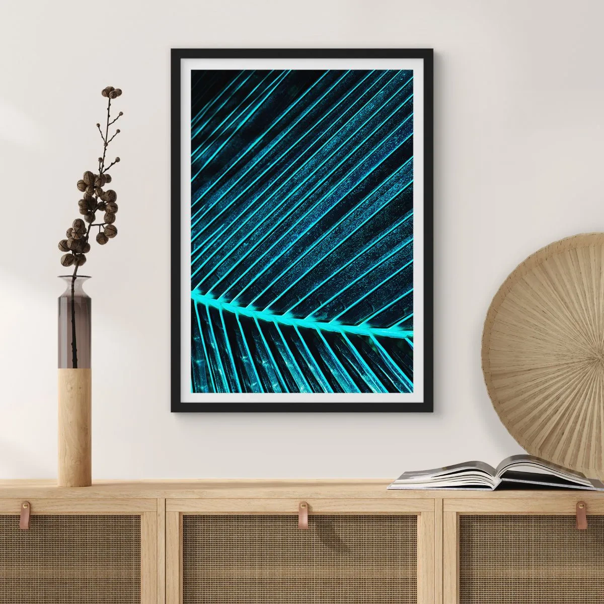 Affiche dans un cadre noir - Poster - Structure de feuille abstraite aux couleurs néon - 50x70cm - Texture verte - Décoration murale moderne pour le salon et la chambre ARTTOR
