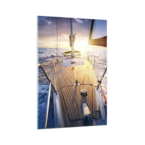 Impression sur verre - Image sur verre - Yacht en mer au coucher du soleil - 70x100cm - Courir sur les vagues - Décoration murale moderne pour le salon et la chambre ARTTOR