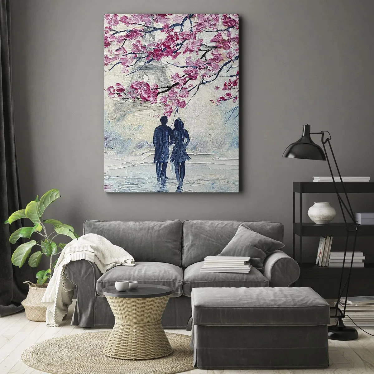 Impression sur toile - Image sur toile - Un couple sous des arbres roses en fleurs dans un cadre romantique - 50x70cm - Ballade romantique - Décoration murale moderne pour le salon et la chambre ARTTOR
