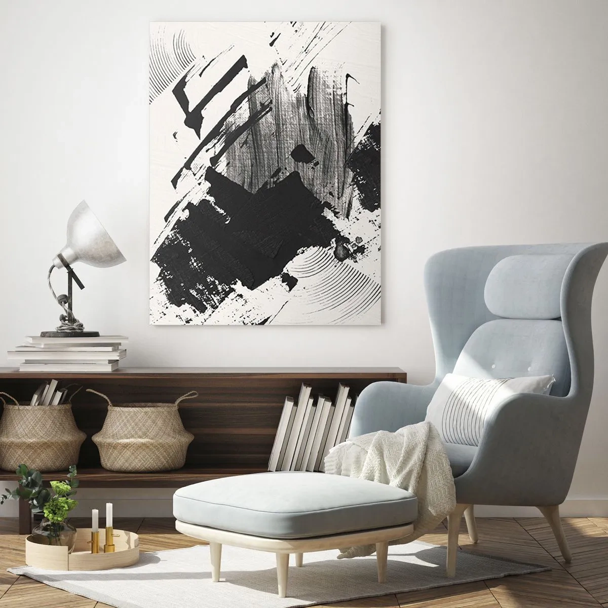 Impression sur verre - Image sur verre - Traits abstraits de noir sur fond blanc - 80x120cm - Abstraction – expression du noir - Décoration murale moderne pour le salon et la chambre ARTTOR