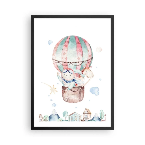 Affiche dans un cadre noir - Poster - Une jolie illustration d'un ours en peluche volant dans un ballon au-dessus d'une ville - 50x70cm - Nous serons de retour bientôt! - Décoration murale moderne pour le salon et la chambre ARTTOR